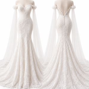 Off-Shoulder Lace Mermaid Bridal Gown front and back views