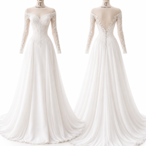 Long-Sleeve A-Line Bridal Gown front and back views