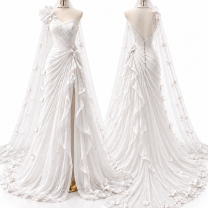 Draped Bridal Gown with Embellished Cape front and back views