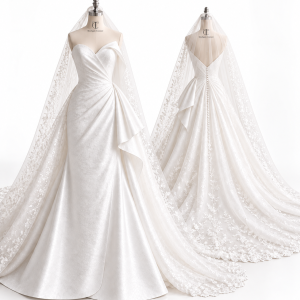Sweetheart Ball Gown with Lace Train front and back views