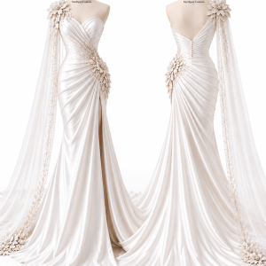 Floral Shoulder Draped Bridal Gown front and back views