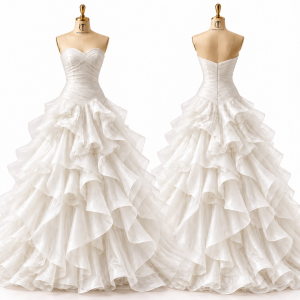 Ivory Tiered Ruffle Bridal Ball Gown front and back views