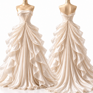Champagne Sculptural Satin Bridal Ball Gown front and back views