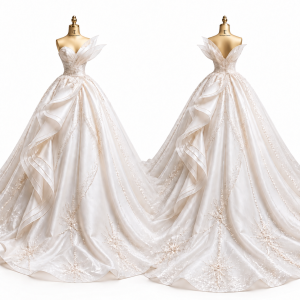 Ivory Petal Shoulder Bridal Ball Gown front and back views