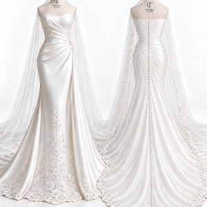 Draped Column Bridal Gown with Train front and back views