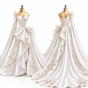 Floral Draped Bridal Ball Gown front and back views