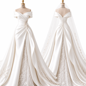 Off-Shoulder Bridal Gown with Overskirt front and back views