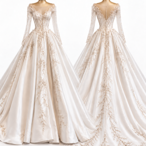 Champagne Embroidered Long-Sleeve Ball Gown front and back views