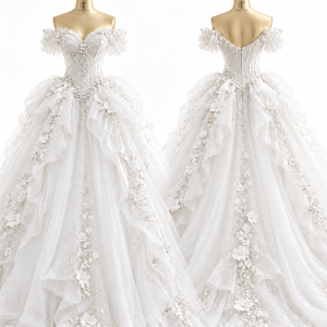 Floral Off-Shoulder Tulle Bridal Ball Gown front and back views
