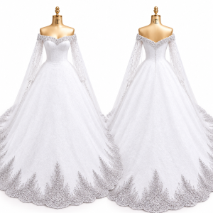 Lace-Sleeve Embroidered Bridal Ball Gown front and back views