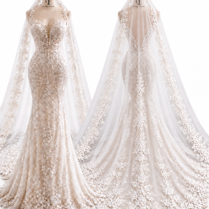 Embellished Mermaid Gown with Cape front and back views