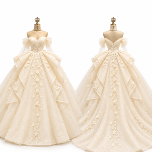 Warm Ivory Floral Bridal Ball Gown front and back views