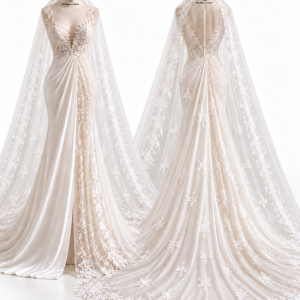 Draped Bridal Gown with Embellished Train front and back views