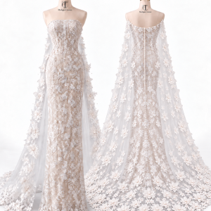 Floral Column Bridal Gown with Lace Train front and back views