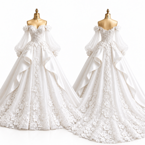 Embroidered Ruffle Bridal Ball Gown front and back views