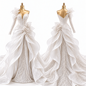 Floral Draped Mermaid Bridal Gown front and back views