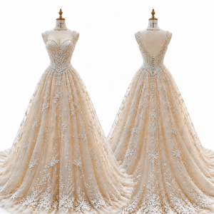 Champagne Embellished Ball Gown front and back views