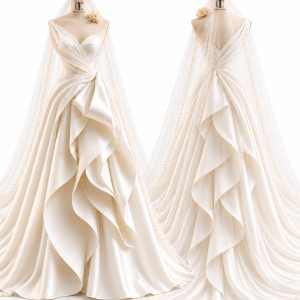 Sculptural Draped Bridal Gown front and back views