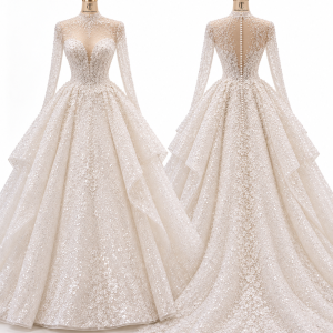 Champagne Crystal Long-Sleeve Ball Gown front and back views