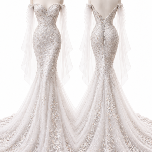 Embellished Mermaid Gown with Sheer Sleeves front and back views