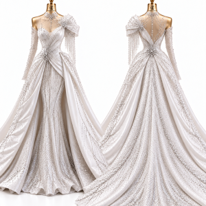 Sculptural One-Shoulder Satin Bridal Gown front and back views