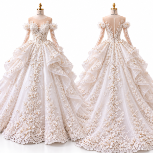 Blush Floral Embellished Bridal Ball Gown front and back views