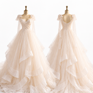Blush Tiered Tulle Bridal Ball Gown front and back views