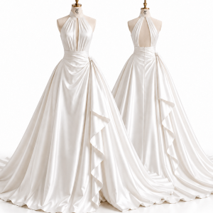 Halter A-Line Bridal Gown front and back views