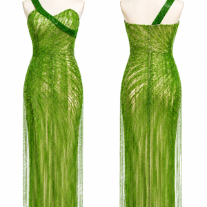 Emerald Asymmetric Fringe Gown