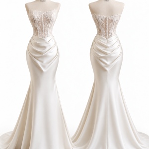 Strapless Draped Mermaid Bridal Gown front and back views