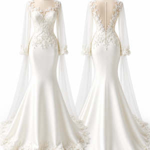 Long-Sleeve Floral Mermaid Bridal Gown front and back views