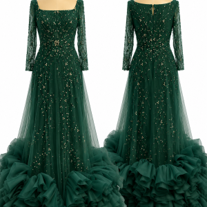 Emerald Ruffle Crystal Gown