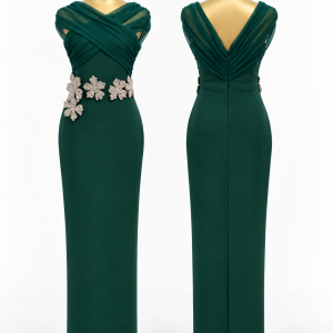 Emerald Draped Floral Gown