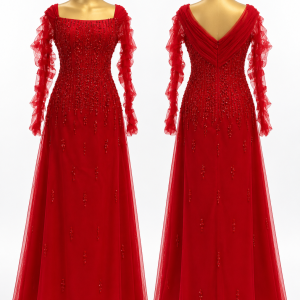 Ruby Feather-Sleeve Gown