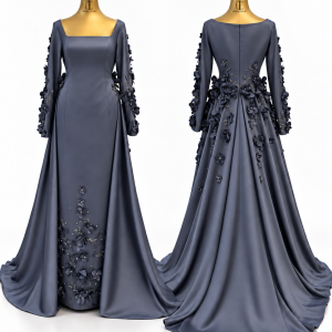 Slate Floral Cape Gown