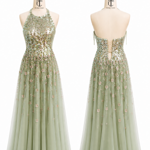 Mint Crystal Halter Gown