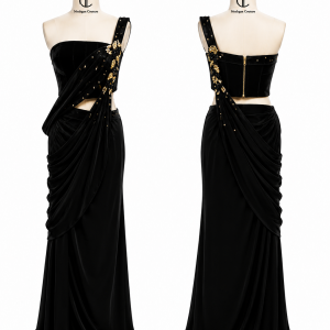 Noir Asymmetric Draped Gown