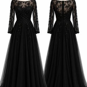 Noir Crystal Long-Sleeve Ball Gown