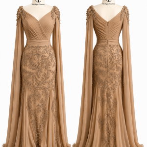 Taupe Cape Embroidered Gown